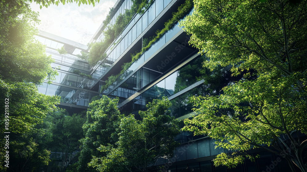 Aufkleber a modern office building designed to be kind to the environment. it uses sustainable glass and has t