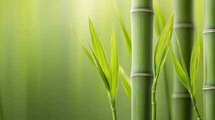 Fototapeta premium Close-up of lush green bamboo stalks with leaves, creating a serene and natural atmosphere.