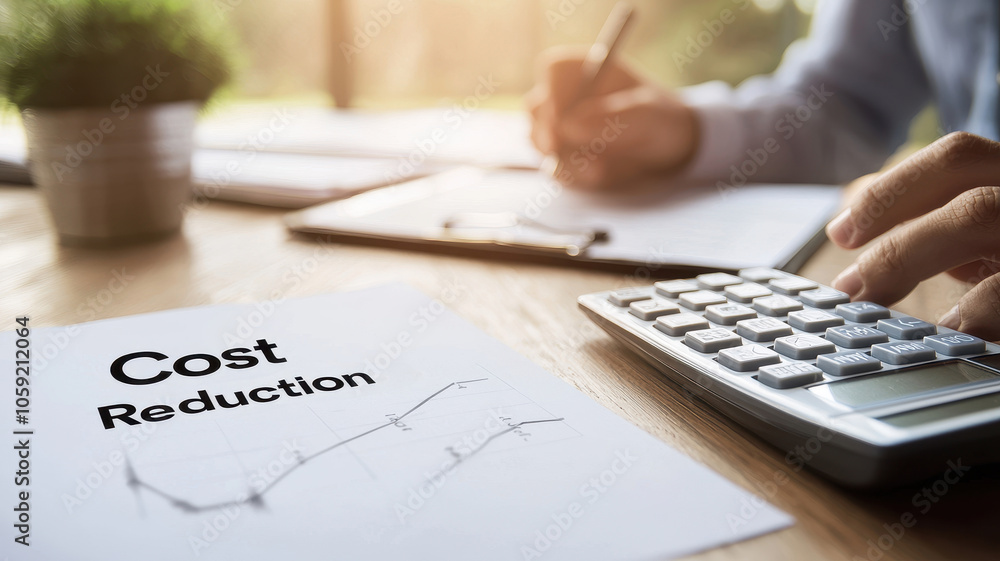 Poster a person using a calculator and writing notes, focusing on cost reduction strategies with a document