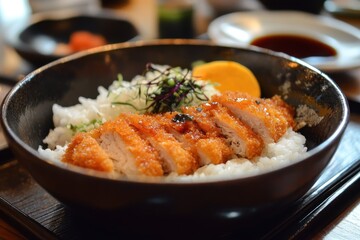 Breaded Japanese chicken katsu served on sushi rice