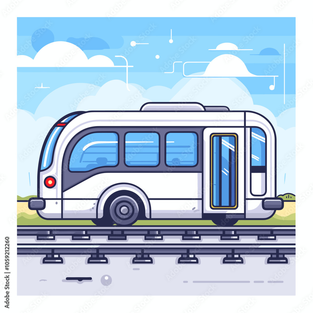Poster white bus is on a train track. the bus is on the left side of the image