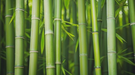 Fototapeta premium Lush green bamboo stalks creating a tranquil and refreshing atmosphere in a natural setting.