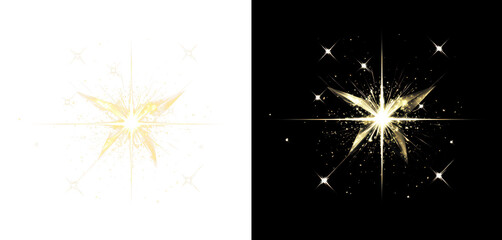 Obraz premium Bright golden stars isolate on transparent and black background, cutout, png