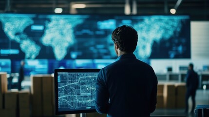 Fototapeta premium Supply chain manager overseeing transportation logistics on a screen