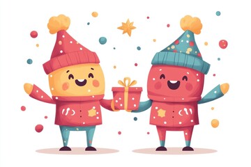 Fototapeta premium Festive New Year Character Holding Gift Box on White Background - Joyful Holiday Flat Design for Seasonal Graphics
