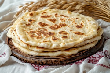 Bulgarian flatbread pyrlenka displayed on a neutral backdrop with space for text Traditional dish