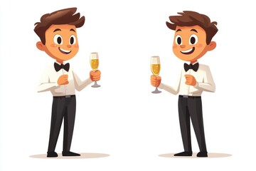 Festive Party Character Toasting with Champagne Glass in Flat 2D Design for Seasonal Graphics on White Background