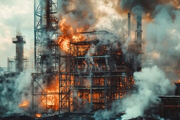 A dramatic industrial scene showcasing a factory engulfed in flames and smoke, illustrating the hazards of manufacturing operations.