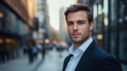 Fototapeta premium Confident young man in a business suit, standing outdoors with urban background, showcasing a professional demeanor and style.