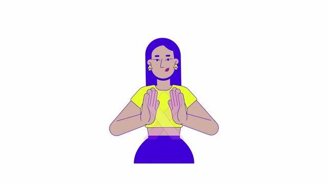 Middle eastern woman holding pink ribbon awareness 2D character animation. Hope cartoon 4K video, alpha channel. Breast cancer survivor female arab young adult animated person on white background