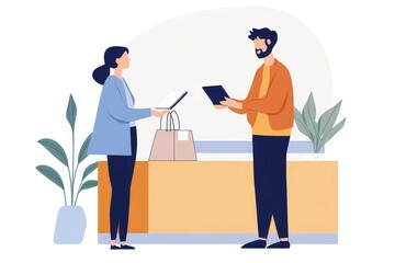 Fototapeta premium Business owner conducting an informal survey with customers in a retail setting, fostering loyalty and connection