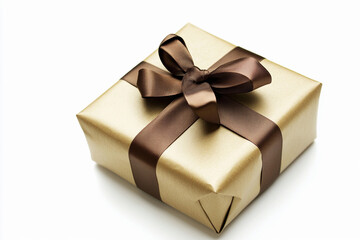 Obraz premium Elegant gold gift box with brown ribbon on a white background