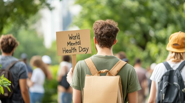 People gathered in a park for a mental health awareness event, holding signs promoting "World Mental Health Day"