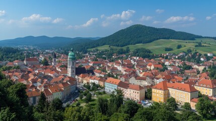 Fototapeta premium Panoramic view of a small European town nestled in a valley, with a church steeple and green hills in the background.