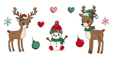 Cute Red and Green Reindeer and cute snowman Christmas .isolated on white background