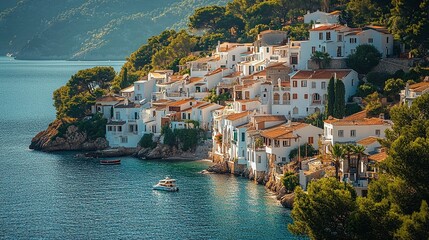 Coastal Town in the Mediterranean with Whitewashed Houses and Sparkling Sea