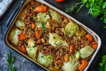 Casserole of ground meat topped with roasted cabbage in a baking dish