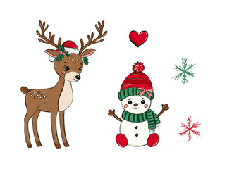 Cute Red and Green Reindeer and cute snowman Christmas .isolated on white background