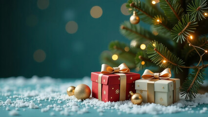 Elegant christmas gifts made of craft paper with gold ribbons under festive tree on snow with golden bokeh lights sparkling glitter on dark turquoise background