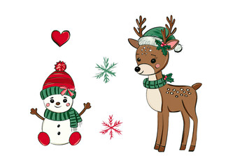 Cute Red and Green Reindeer and cute snowman Christmas .isolated on white background