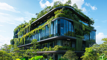 A modern office building designed to be kind to the environment. It uses sustainable glass and has trees to help cool the building and reduce pollution.