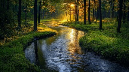 Obraz premium Tranquil River Flowing Through Forest with Sunlight Reflections