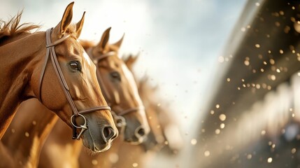 Fototapeta premium Horses lined up at the starting gate, ready to race in the Melbourne Cup, tension in the air