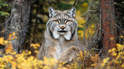 Fototapeta premium A Canadian lynx is hiding in the forest. It's sitting and looking right at the camera. The photo was taken in Whitehorse, Yukon, Canada.