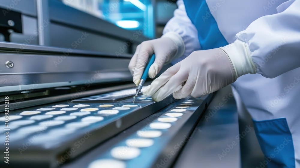 Poster worker using precision tools to check product quality