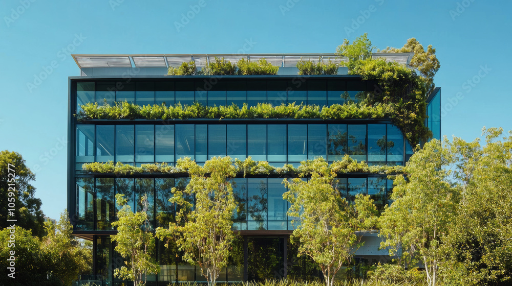 Aufkleber a modern office building designed to be kind to the environment. it uses sustainable glass and has t