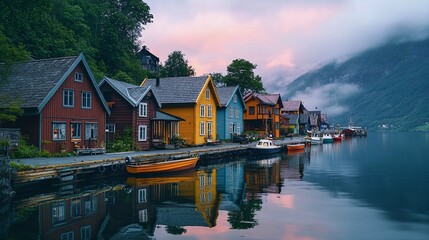 Fototapeta premium Quiet Village by Fjord with Colorful Houses and Fishing Boats