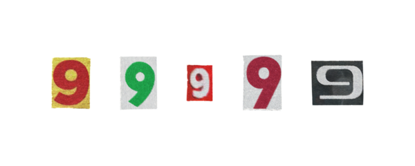 Set of cut-out ransom number "9" from magazines on a transparent background, retro y2k style
