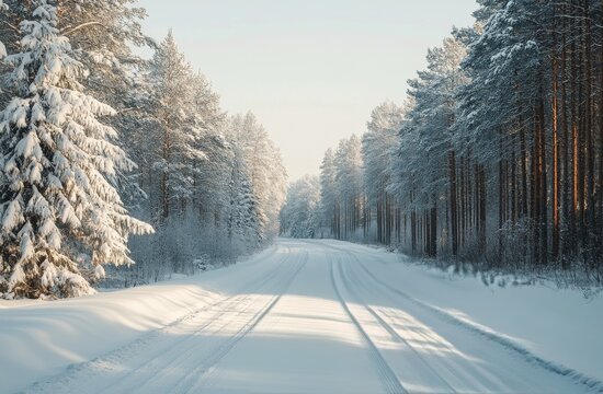 Snow-covered forest road winding through tall trees on a winter morning in a serene landscape