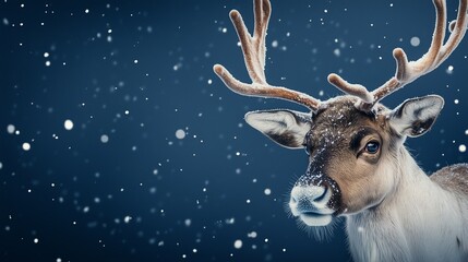 Banner with real reindeer with large antlers, set against a dark blue magical Christmas-themed background, copy space, free space for text