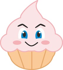 Vector illustration of a sweet pink cupcake with a cute smiling anime style face. Cartoon food and sweets illustration