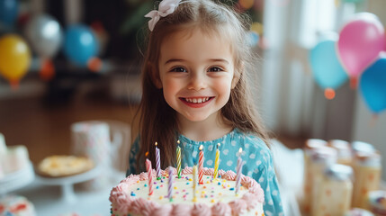 Smiling little girl posing with birthday cake 