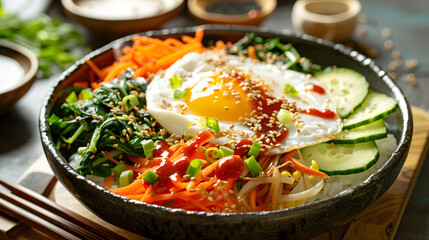 Vibrant Korean bibimbap with colorful vegetables and fried egg served in traditional bowl