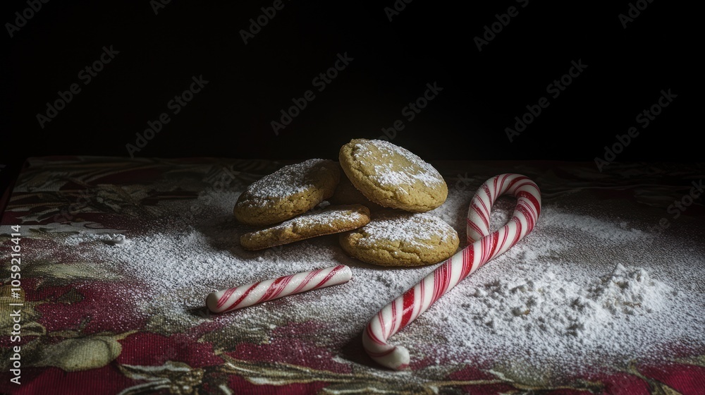 Aufkleber a stack of gingerbread cookies dusted with powdered sugar and two candy canes on a red and white tab