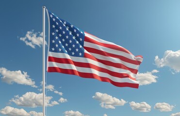 Fototapeta premium American Flag Waving in the Wind Against a Blue Sky