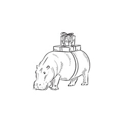 A hippo with christmas or birthday presents on his back. Black and white vector in a sketchy style. 