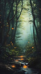 Fototapeta premium A Serene Creek Winding Through a Misty, Firefly-Lit Forest