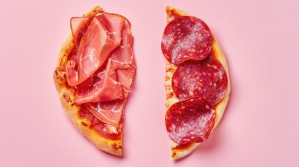 Obraz premium Contrasting pepperoni: fresh and dried on pink background