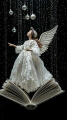 Enchanting angel figure floats above an open book, surrounded by shimmering beads and soft light, symbolizing dreams and imagination.