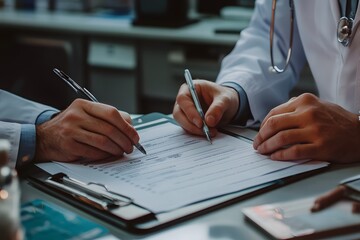 Candid photo of a doctor and nurse working side by side on patient paperwork, both engaged, organized clinic environment