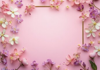 Fototapeta premium Beautifully arranged colorful flowers creating a decorative frame on a pastel pink background