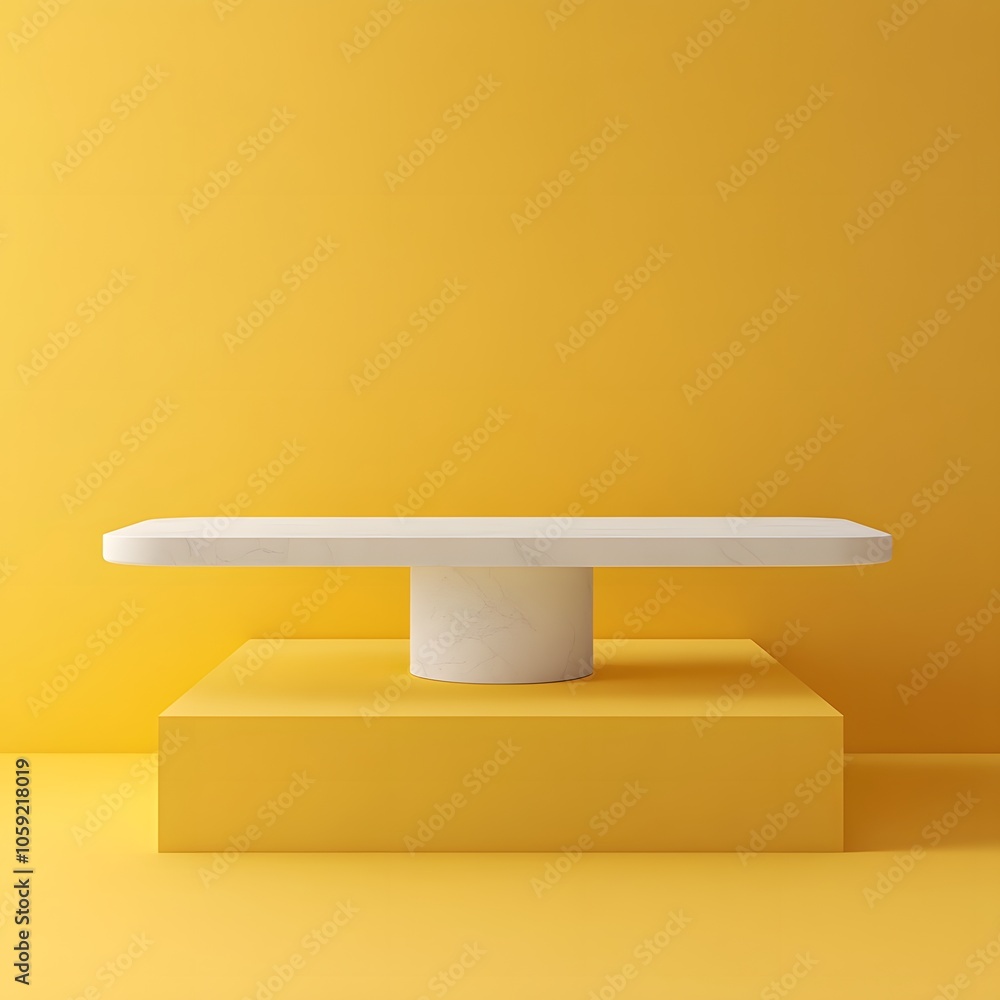 Poster a 3d podium white rectangular table is balanced on the edge of an angled yellow platform, in a minim
