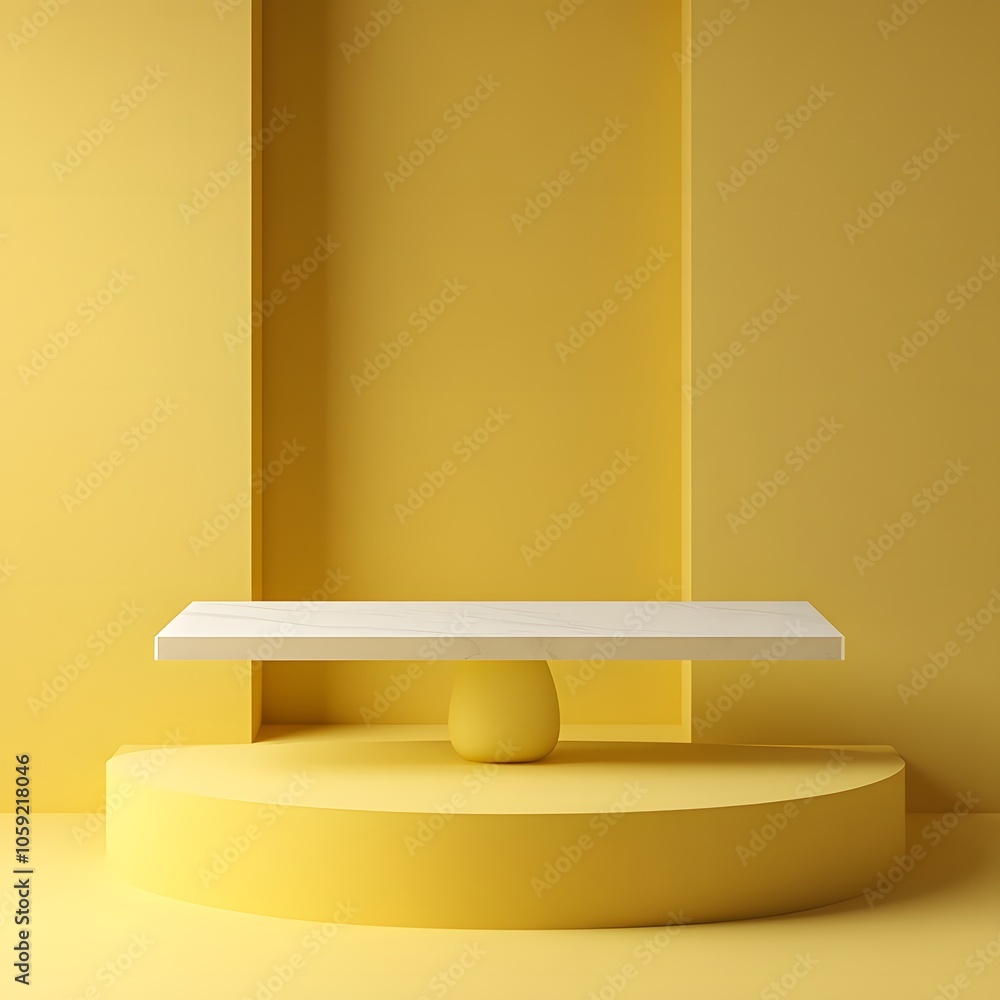 Aufkleber a 3d podium white rectangular table is balanced on the edge of an angled yellow platform, in a minim