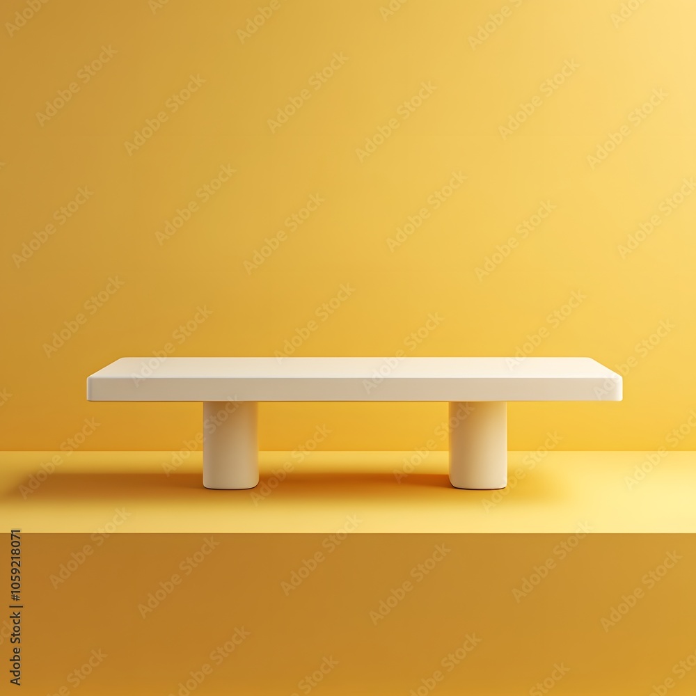 Poster a 3d podium white rectangular table is balanced on the edge of an angled yellow platform, in a minim