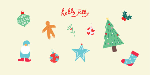 Festive Christmas icon set vector illustration. Holly Jolly, Christmas Tree, Ornaments, Gnome, Gingerbread man, sock,