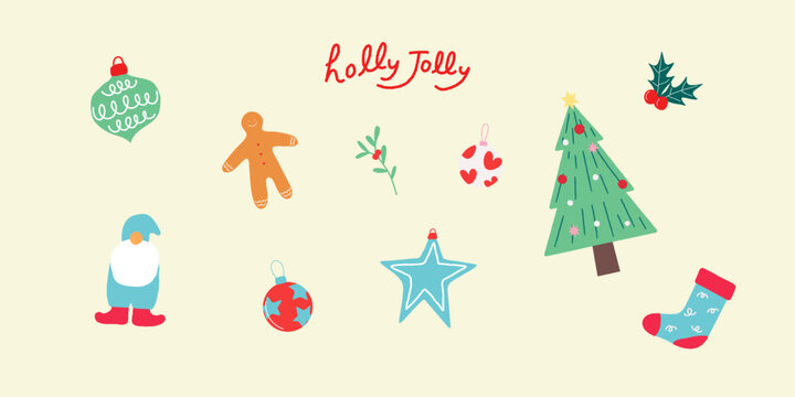 Festive Christmas icon set vector illustration. Holly Jolly, Christmas Tree, Ornaments, Gnome, Gingerbread man, sock,